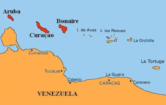 Mapa mostrando as ilhas ABC - Aruba, Bonaire e Curaçao e sua posição relativa junto à Venezuela